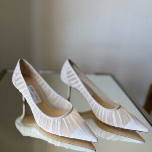 Jimmy Choo Love 65 Metallic Silver Glitter Fabric Pumps Ivory Tulle Overlay